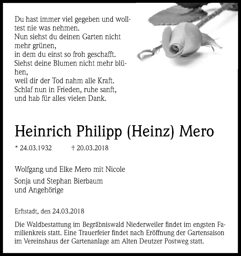  Traueranzeige für Heinrich Philipp Mero vom 24.03.2018 aus Kölner Stadt-Anzeiger / Kölnische Rundschau / Express