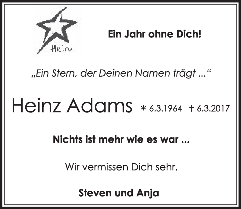 Traueranzeige für Heinz Adams vom 07.03.2018 aus  Schlossbote/Werbekurier 
