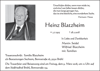 Anzeige von Heinz Blatzheim von  Schlossbote/Werbekurier 