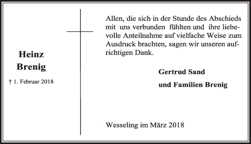  Traueranzeige für Heinz Brenig vom 14.03.2018 aus  Schlossbote/Werbekurier 