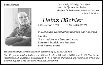 Anzeige von Heinz Büchler von Kölner Stadt-Anzeiger / Kölnische Rundschau / Express