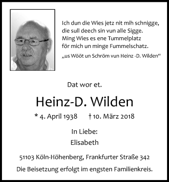 Anzeige von Heinz-D. Wilden von Kölner Stadt-Anzeiger / Kölnische Rundschau / Express