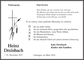 Anzeige von Heinz Dreisbach von  Lokalanzeiger 