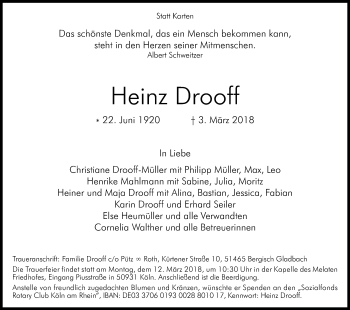 Anzeige von Heinz Drooff von Kölner Stadt-Anzeiger / Kölnische Rundschau / Express