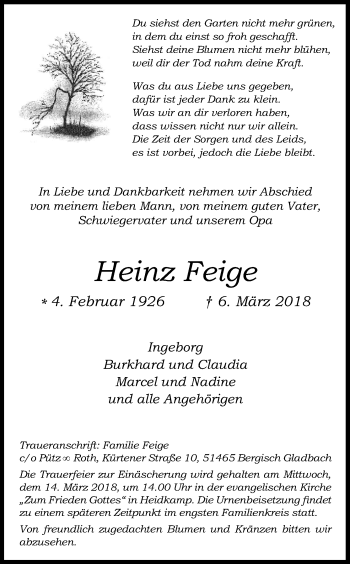 Anzeige von Heinz Feige von Kölner Stadt-Anzeiger / Kölnische Rundschau / Express