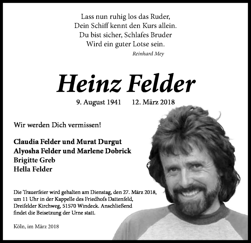  Traueranzeige für Heinz Felder vom 21.03.2018 aus Kölner Stadt-Anzeiger / Kölnische Rundschau / Express