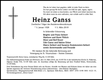 Anzeige von Heinz Ganss von Kölner Stadt-Anzeiger / Kölnische Rundschau / Express