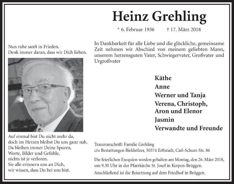  Traueranzeige für Heinz Grehling vom 24.03.2018 aus  Sonntags-Post 