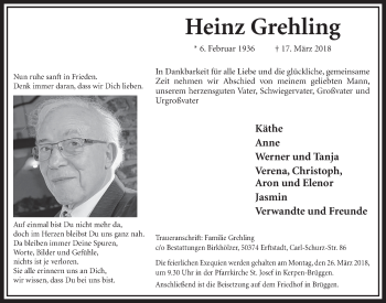 Anzeige von Heinz Grehling von  Sonntags-Post 