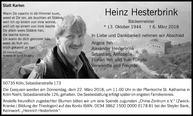  Traueranzeige für Heinz Hesterbrink vom 17.03.2018 aus Kölner Stadt-Anzeiger / Kölnische Rundschau / Express