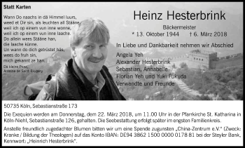 Anzeige von Heinz Hesterbrink von Kölner Stadt-Anzeiger / Kölnische Rundschau / Express