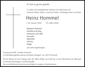 Anzeige von Heinz Hommel von Kölner Stadt-Anzeiger / Kölnische Rundschau / Express