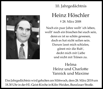 Anzeige von Heinz Höschler von Kölner Stadt-Anzeiger / Kölnische Rundschau / Express