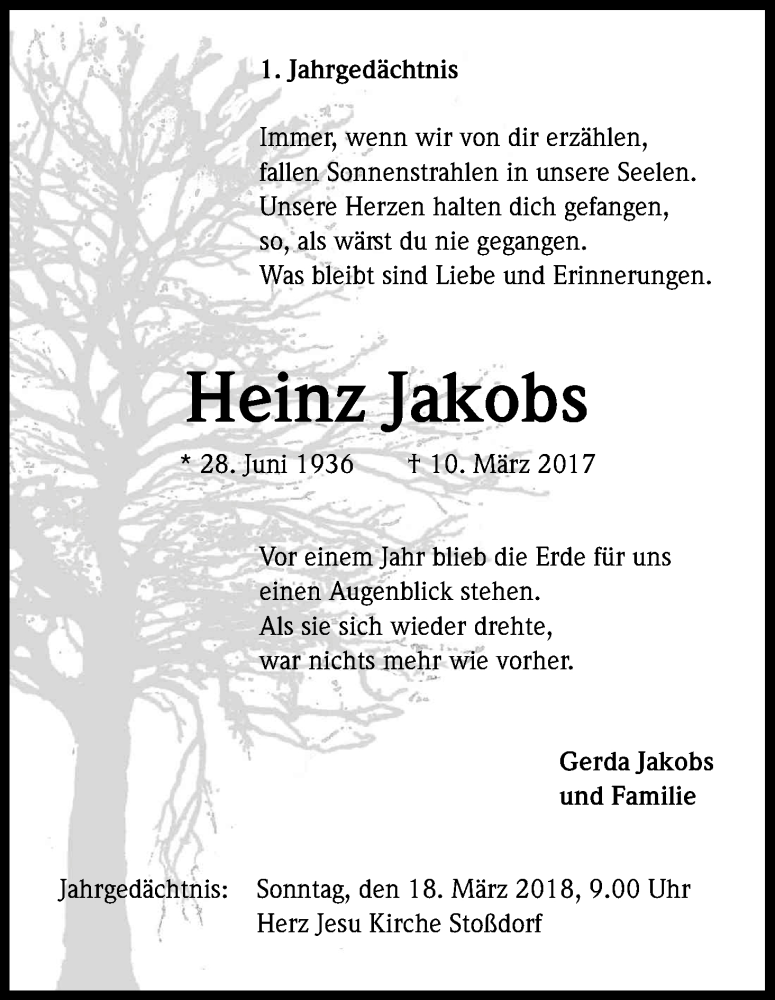  Traueranzeige für Heinz Jakobs vom 15.03.2018 aus Kölner Stadt-Anzeiger / Kölnische Rundschau / Express