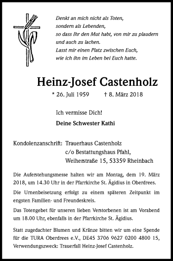 Anzeige von Heinz-Josef Castenholz von Kölner Stadt-Anzeiger / Kölnische Rundschau / Express