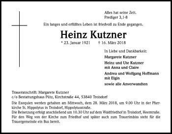 Anzeige von Heinz Kutzner von Kölner Stadt-Anzeiger / Kölnische Rundschau / Express