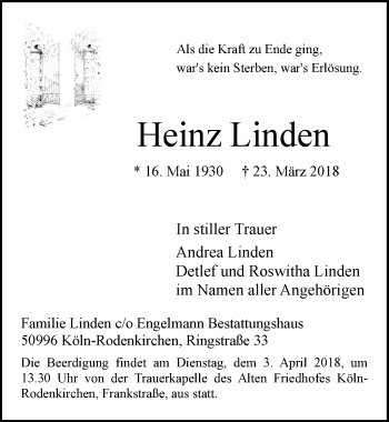 Anzeige von Heinz Linden von  Kölner Wochenspiegel 