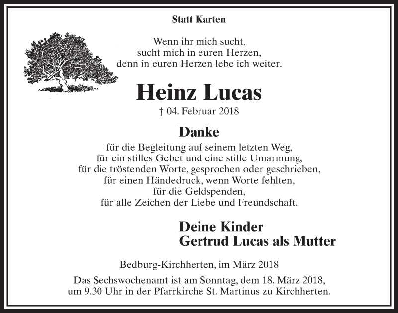  Traueranzeige für Heinz Lucas vom 10.03.2018 aus  Sonntags-Post 