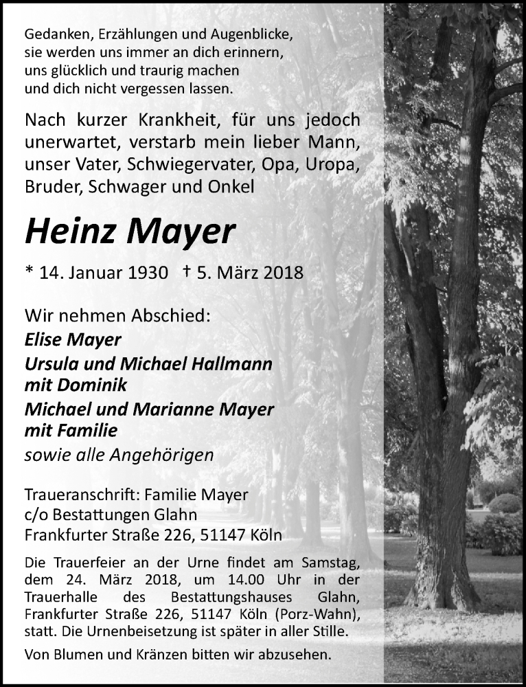  Traueranzeige für Heinz Mayer vom 14.03.2018 aus  Kölner Wochenspiegel 