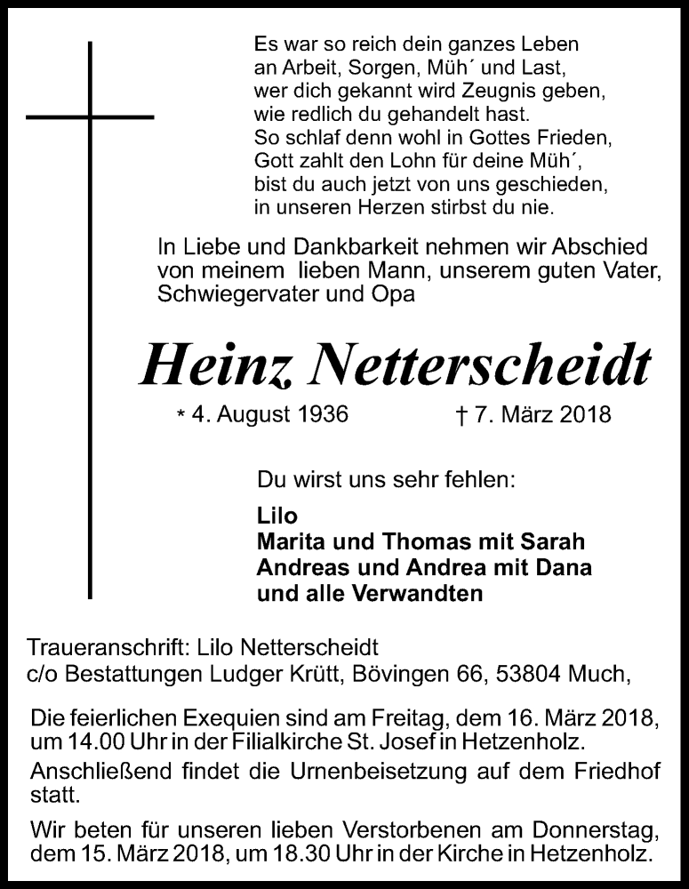  Traueranzeige für Heinz Netterscheidt vom 10.03.2018 aus Kölner Stadt-Anzeiger / Kölnische Rundschau / Express