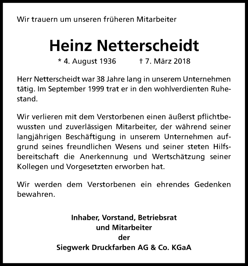  Traueranzeige für Heinz Netterscheidt vom 21.03.2018 aus Kölner Stadt-Anzeiger / Kölnische Rundschau / Express