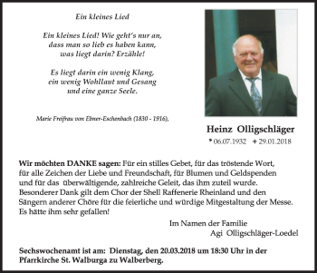 Anzeige von Heinz Olligschläger von  Schlossbote/Werbekurier 