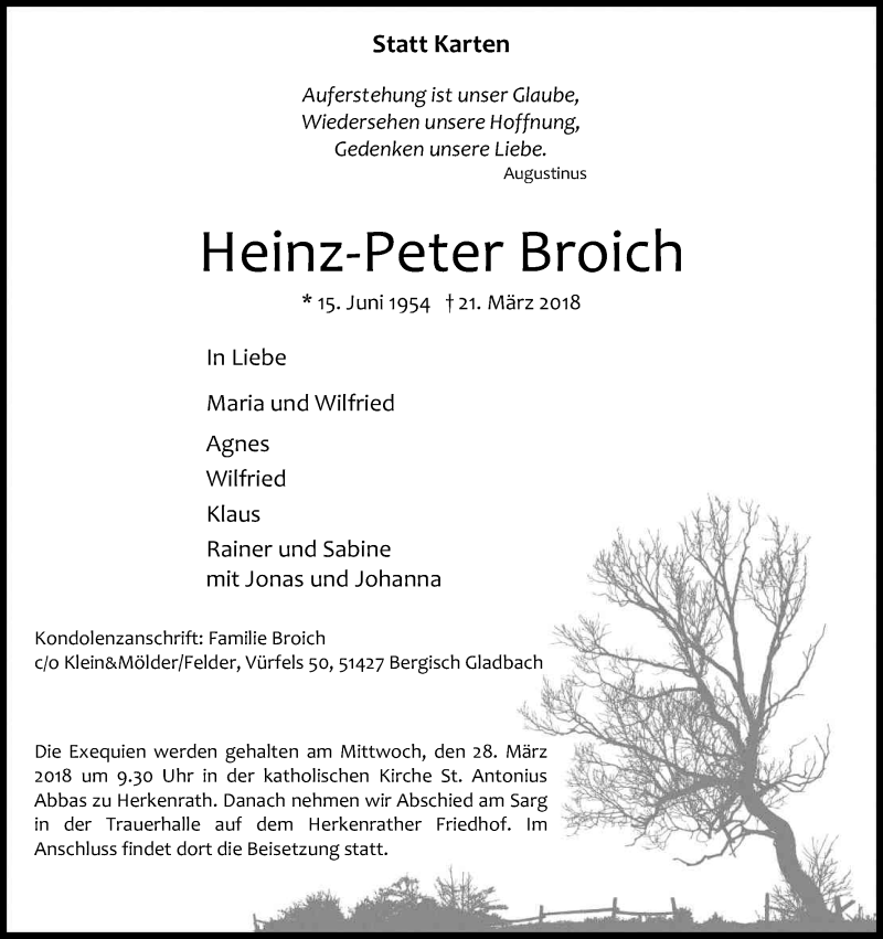  Traueranzeige für Heinz-Peter Broich vom 24.03.2018 aus Kölner Stadt-Anzeiger / Kölnische Rundschau / Express