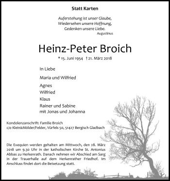 Anzeige von Heinz-Peter Broich von Kölner Stadt-Anzeiger / Kölnische Rundschau / Express