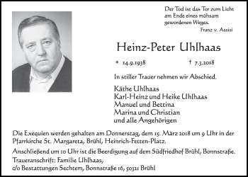 Anzeige von Heinz-Peter Uhlhaas von  Schlossbote/Werbekurier 