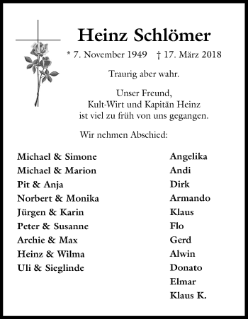 Anzeige von Heinz Schlömer von Kölner Stadt-Anzeiger / Kölnische Rundschau / Express