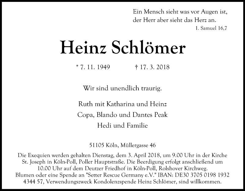 Traueranzeige für Heinz Schlömer vom 31.03.2018 aus Kölner Stadt-Anzeiger / Kölnische Rundschau / Express