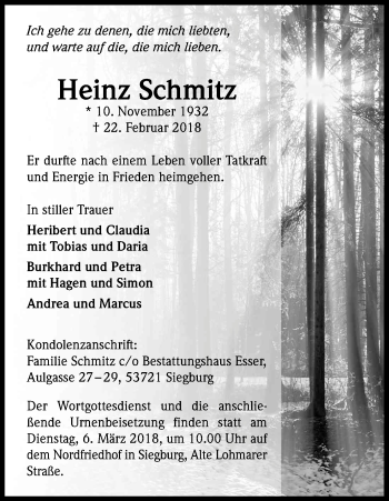 Anzeige von Heinz Schmitz von Kölner Stadt-Anzeiger / Kölnische Rundschau / Express