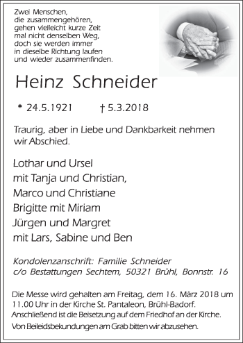 Anzeige von Heinz Schneider von  Schlossbote/Werbekurier 