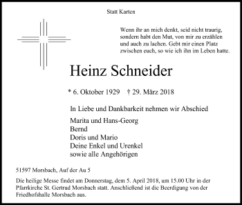 Anzeige von Heinz Schneider von Kölner Stadt-Anzeiger / Kölnische Rundschau / Express