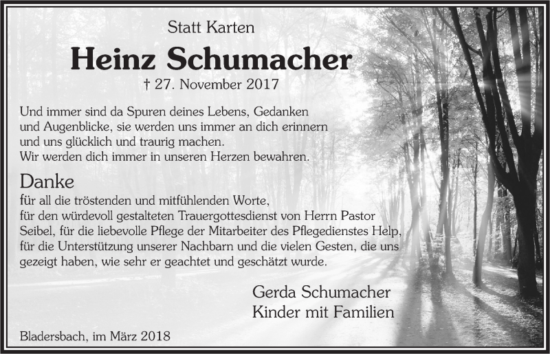  Traueranzeige für Heinz Schumacher vom 14.03.2018 aus  Lokalanzeiger 