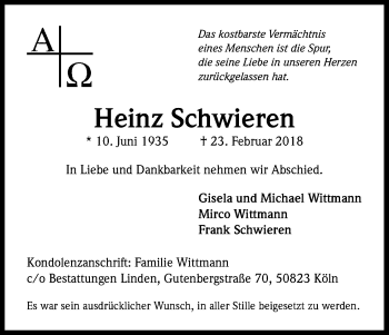 Anzeige von Heinz Schwieren von Kölner Stadt-Anzeiger / Kölnische Rundschau / Express