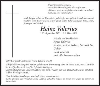 Anzeige von Heinz Valerius von  Sonntags-Post 