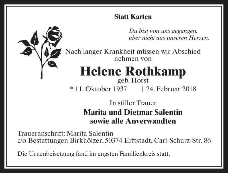  Traueranzeige für Helene Rothkamp vom 07.03.2018 aus  Werbepost 
