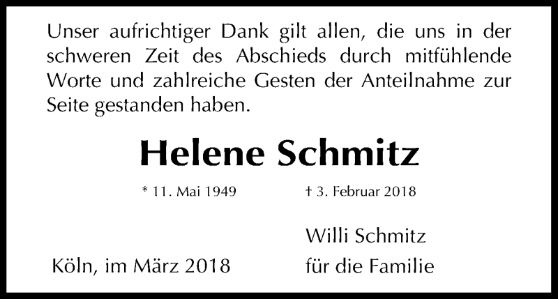  Traueranzeige für Helene Schmitz vom 03.03.2018 aus Kölner Stadt-Anzeiger / Kölnische Rundschau / Express