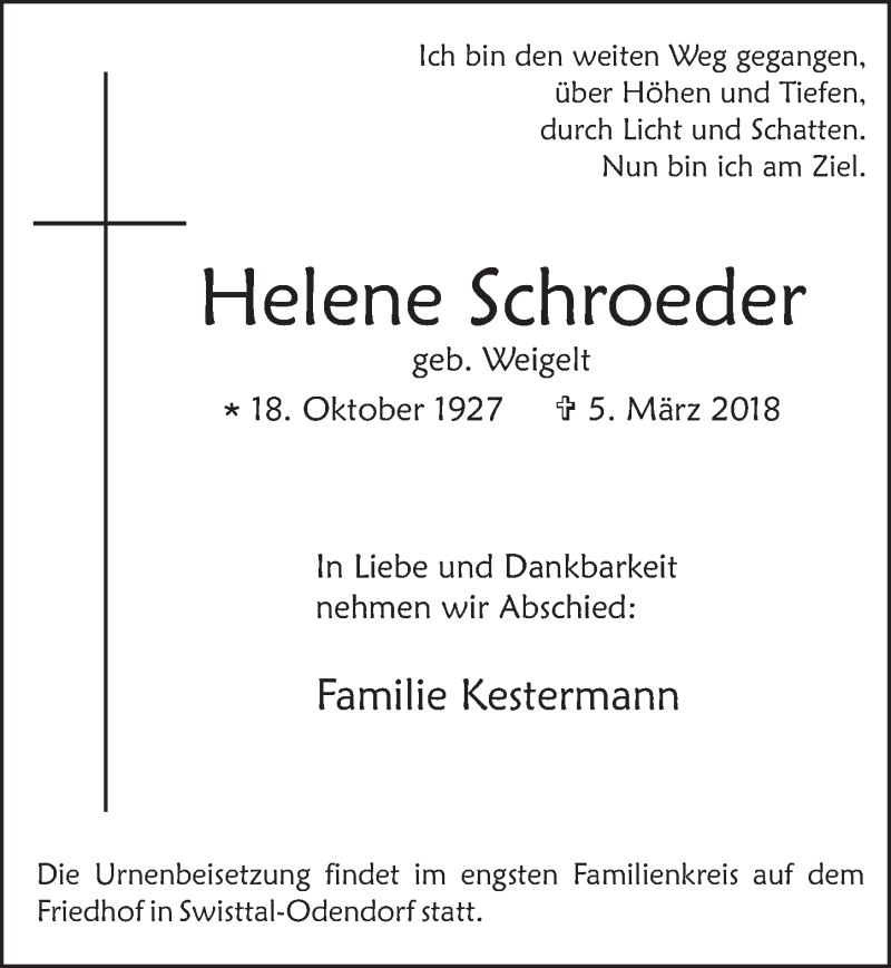  Traueranzeige für Helene Schroeder vom 14.03.2018 aus  Schlossbote/Werbekurier 