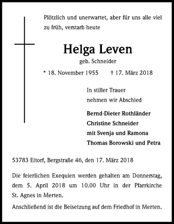 Anzeige von Helga Leven von Kölner Stadt-Anzeiger / Kölnische Rundschau / Express