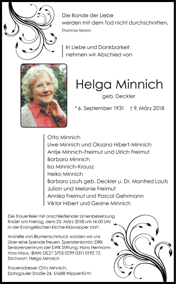Anzeige von Helga Minnich von Kölner Stadt-Anzeiger / Kölnische Rundschau / Express