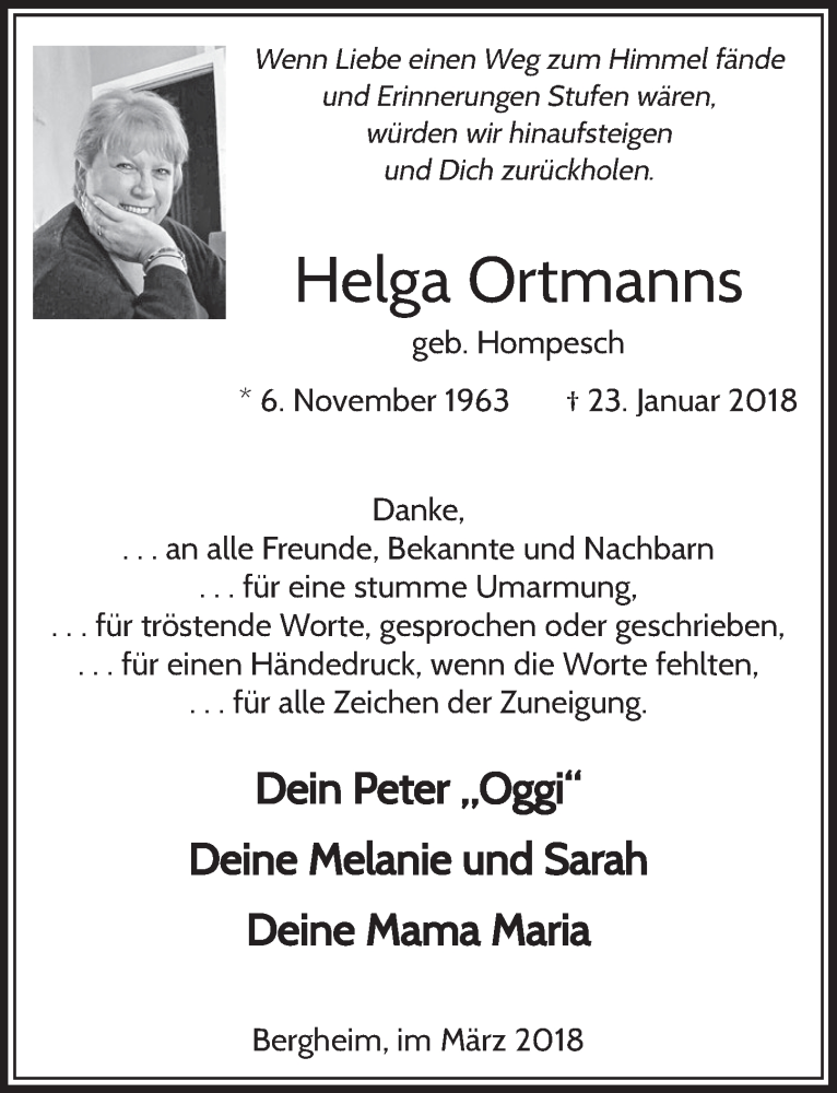  Traueranzeige für Helga Ortmanns vom 10.03.2018 aus  Sonntags-Post 