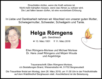 Anzeige von Helga Römgens von Kölner Stadt-Anzeiger / Kölnische Rundschau / Express
