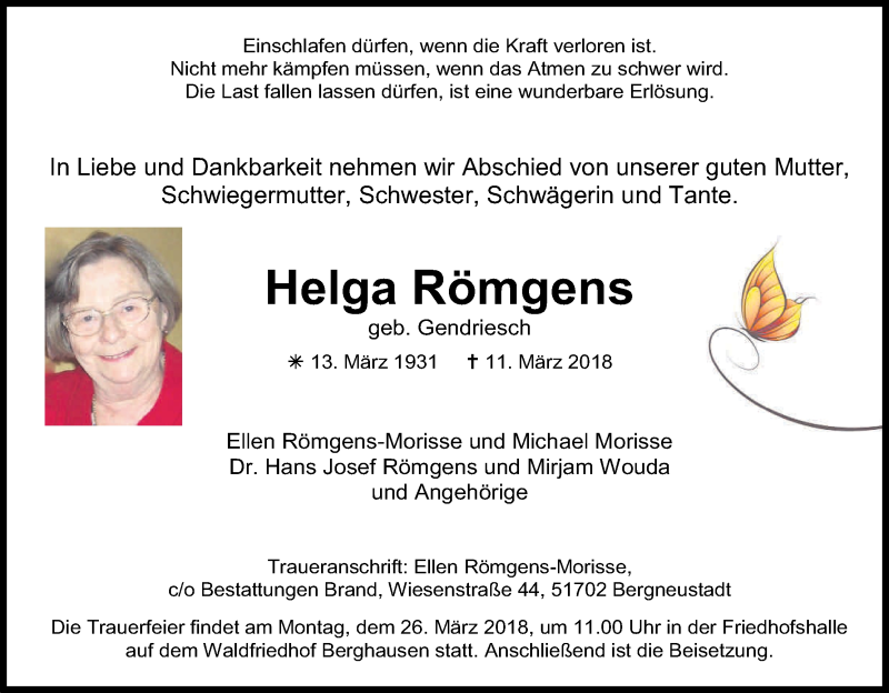  Traueranzeige für Helga Römgens vom 21.03.2018 aus Kölner Stadt-Anzeiger / Kölnische Rundschau / Express