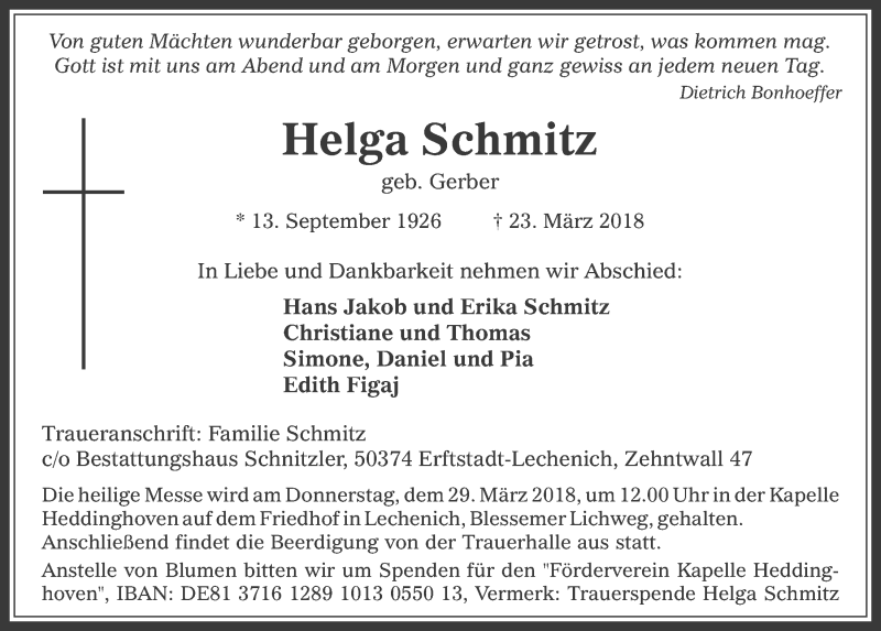  Traueranzeige für Helga Schmitz vom 28.03.2018 aus  Werbepost 
