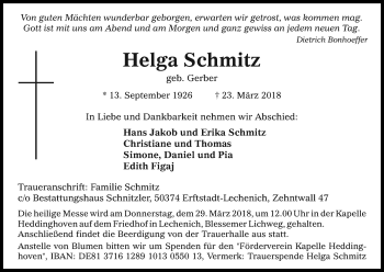 Anzeige von Helga Schmitz von Kölner Stadt-Anzeiger / Kölnische Rundschau / Express