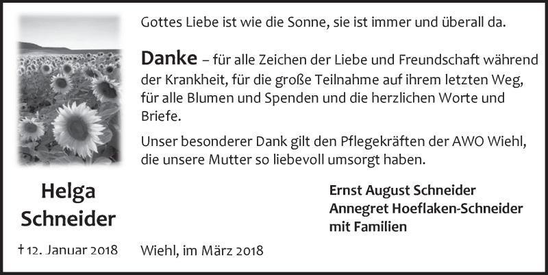  Traueranzeige für Helga Schneider vom 21.03.2018 aus  Anzeigen Echo 