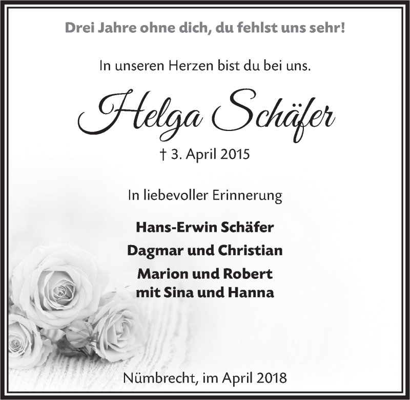  Traueranzeige für Helga Schäfer vom 28.03.2018 aus  Anzeigen Echo 