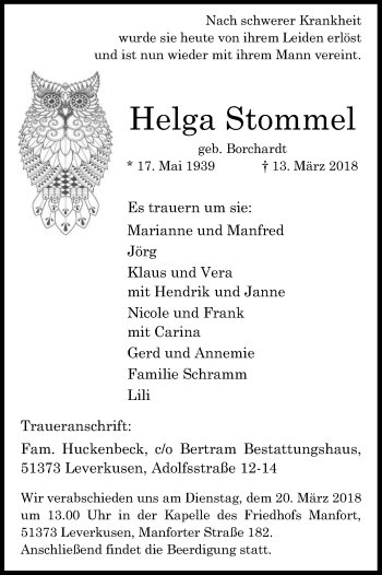 Anzeige von Helga Stommel von Kölner Stadt-Anzeiger / Kölnische Rundschau / Express